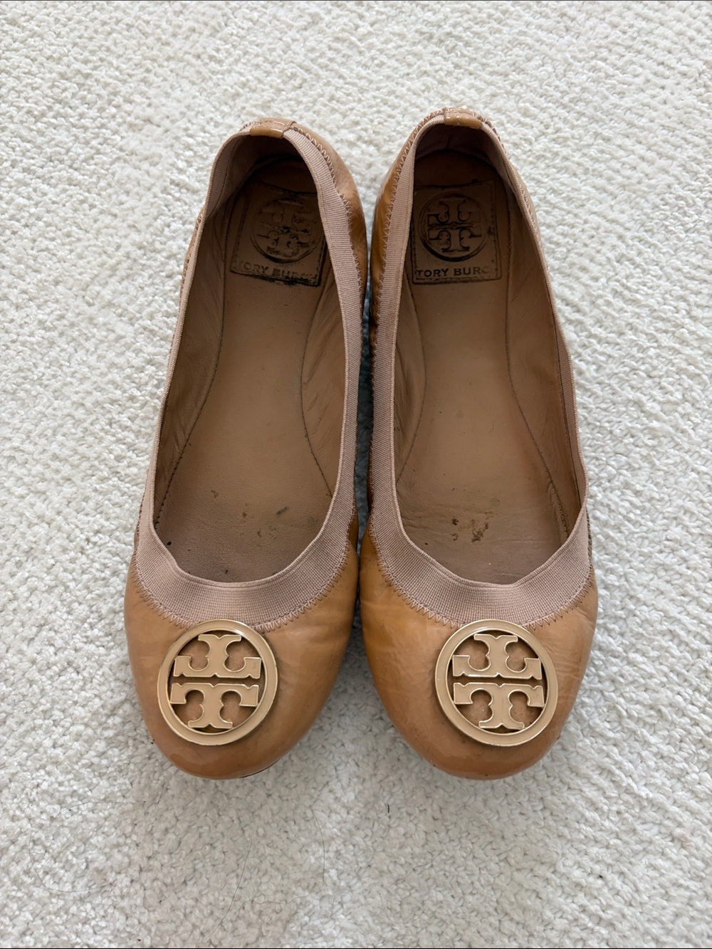 Tory Burch Camel/Tan Leather Logo Ballet Flats